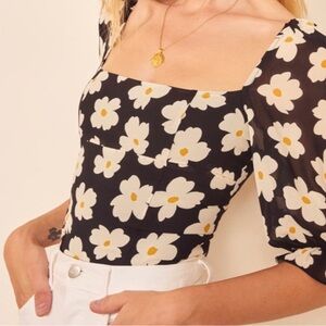 Reformation Black and Cream Floral Top